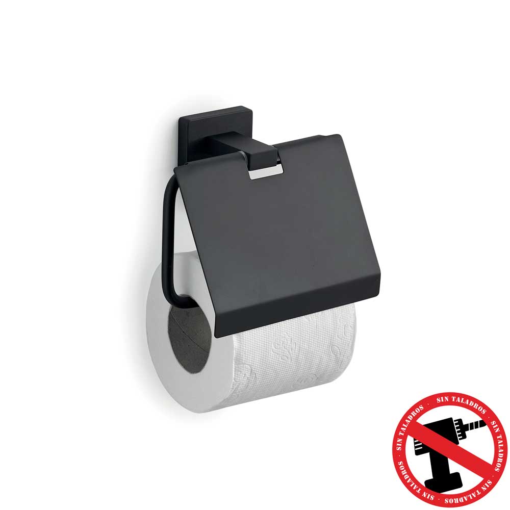 Portarrollos Con Tapa Atena Negro Sin Tornillos Mate en Accesorios de Baño Naon